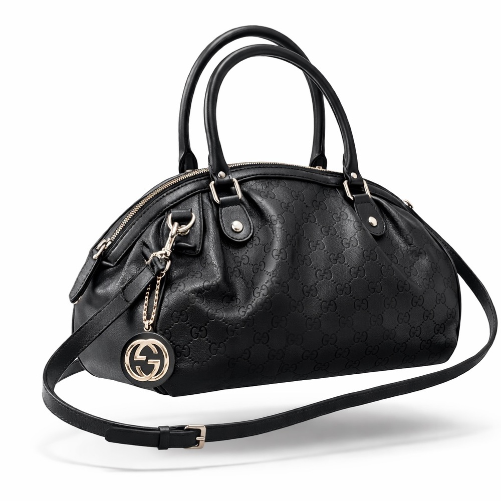 Authentic Gucci Black Sukey Convertible Boston Embossed Leather Shoulder Bag
